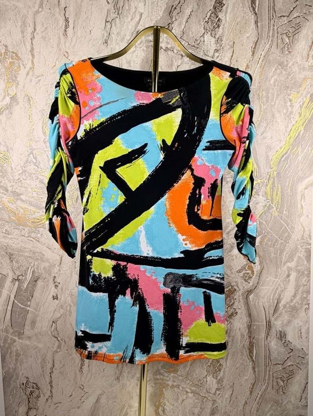 Eva Varro Dress Size XS Multi Color Abstract Print Ruched Sleeve tunic blouse